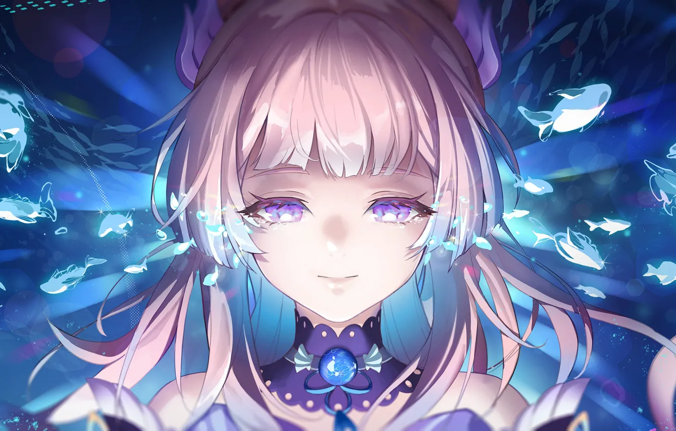 Photo wallpaper girl, fish, tears, under water, Genshin Impact, Sangonomiya Kokomi