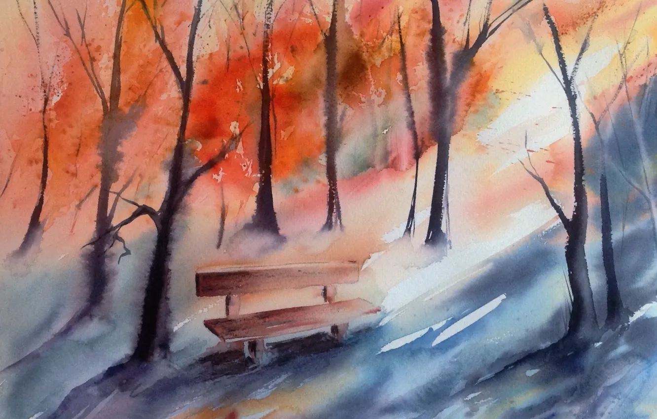 Photo wallpaper autumn, watercolor, bench
