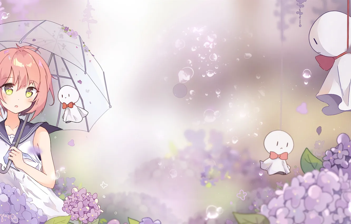 Photo wallpaper flower, umbrella, air, japanese, anime girls, rain drops, anime girl, anime Wallpapers