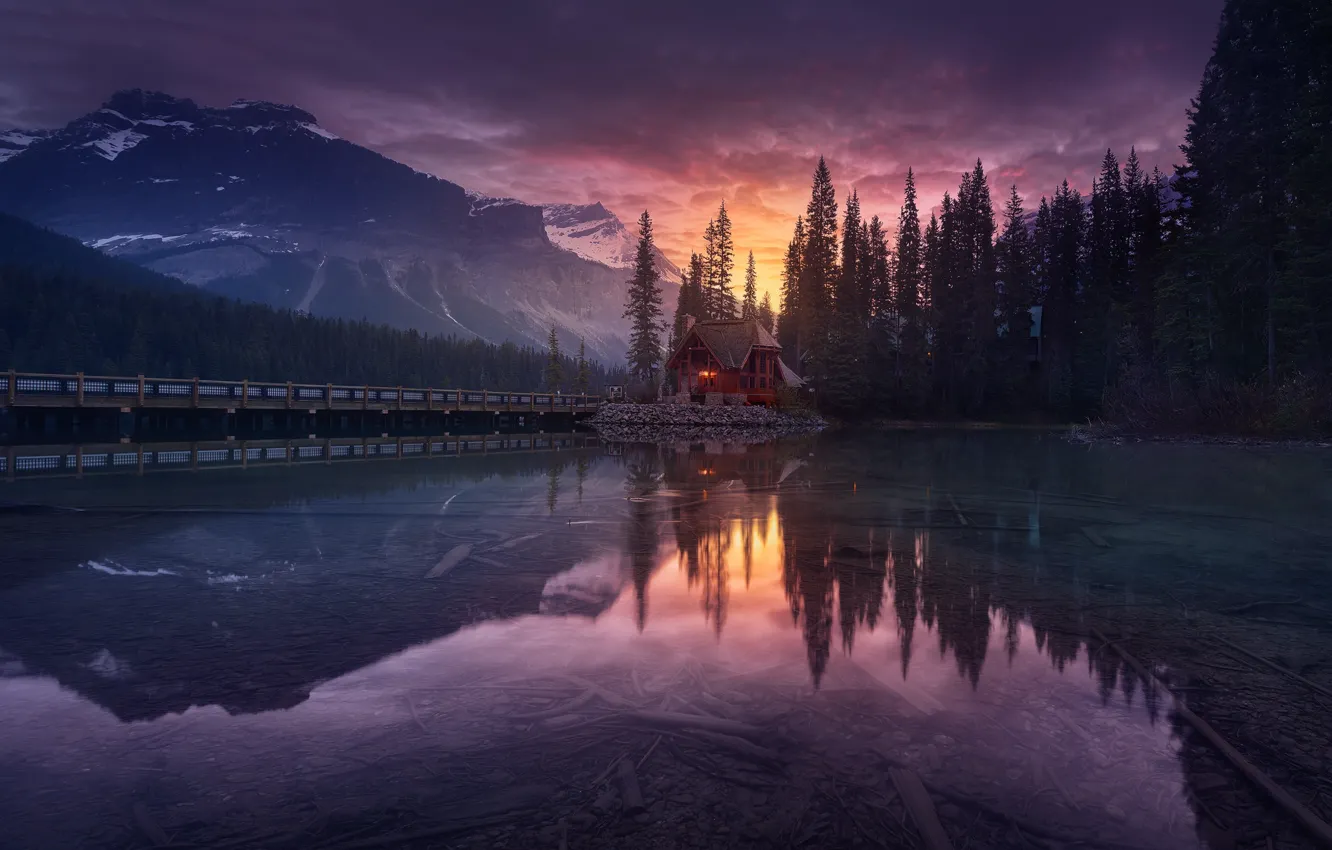 Photo wallpaper forest, the sky, mountains, lake, the evening, Canada, house