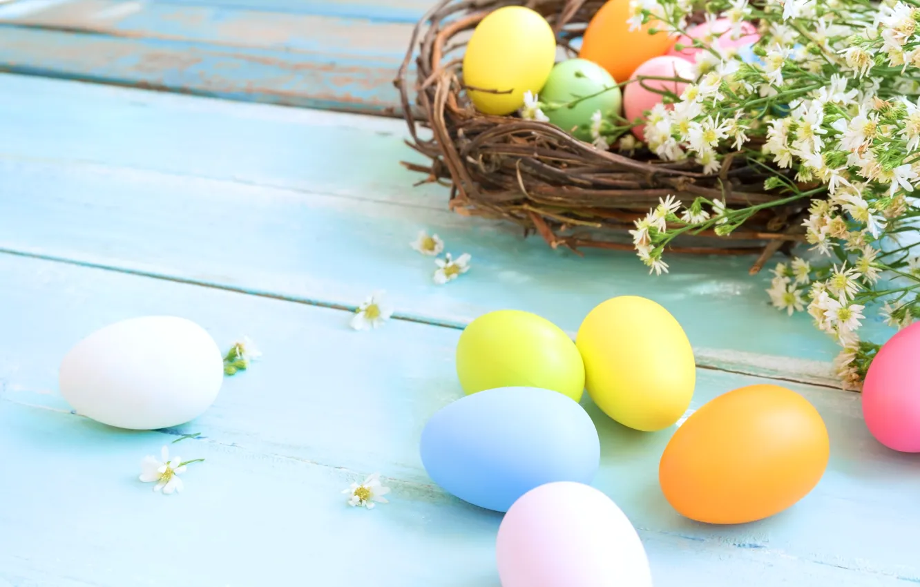 Photo wallpaper flowers, basket, eggs, spring, colorful, Easter, wood, flowers