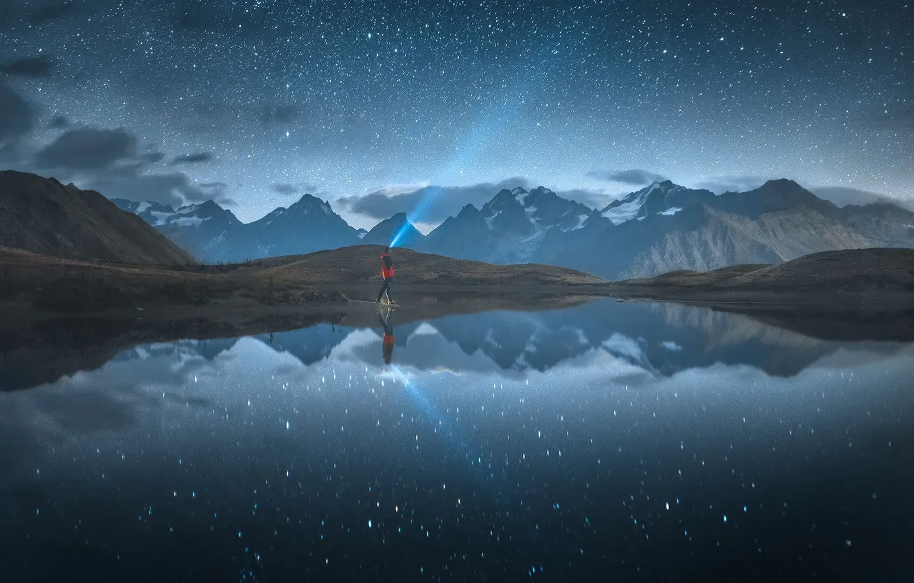 Photo wallpaper reflection, Georgia, the night sky, Alexander Trashin, Lake Koruldi, Svaneti Mountain