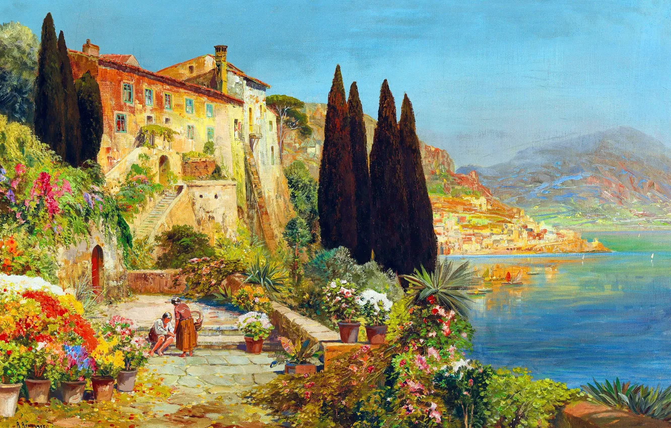 Photo wallpaper Flowers, Water, Home, Picture, Coast, Alois Arnegger, Alois Arnegger, Austrian painter