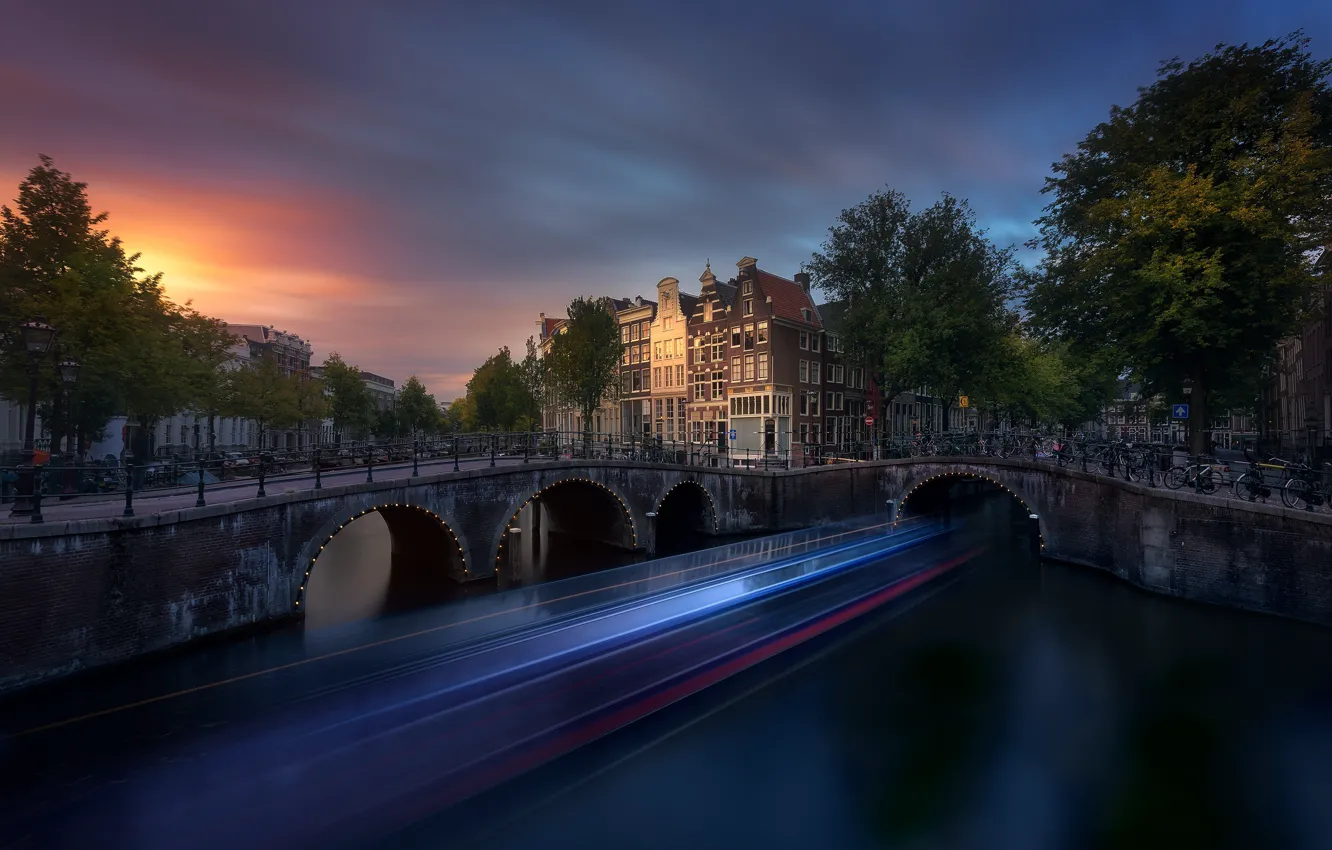 Photo wallpaper sunset, bridge, Amsterdam