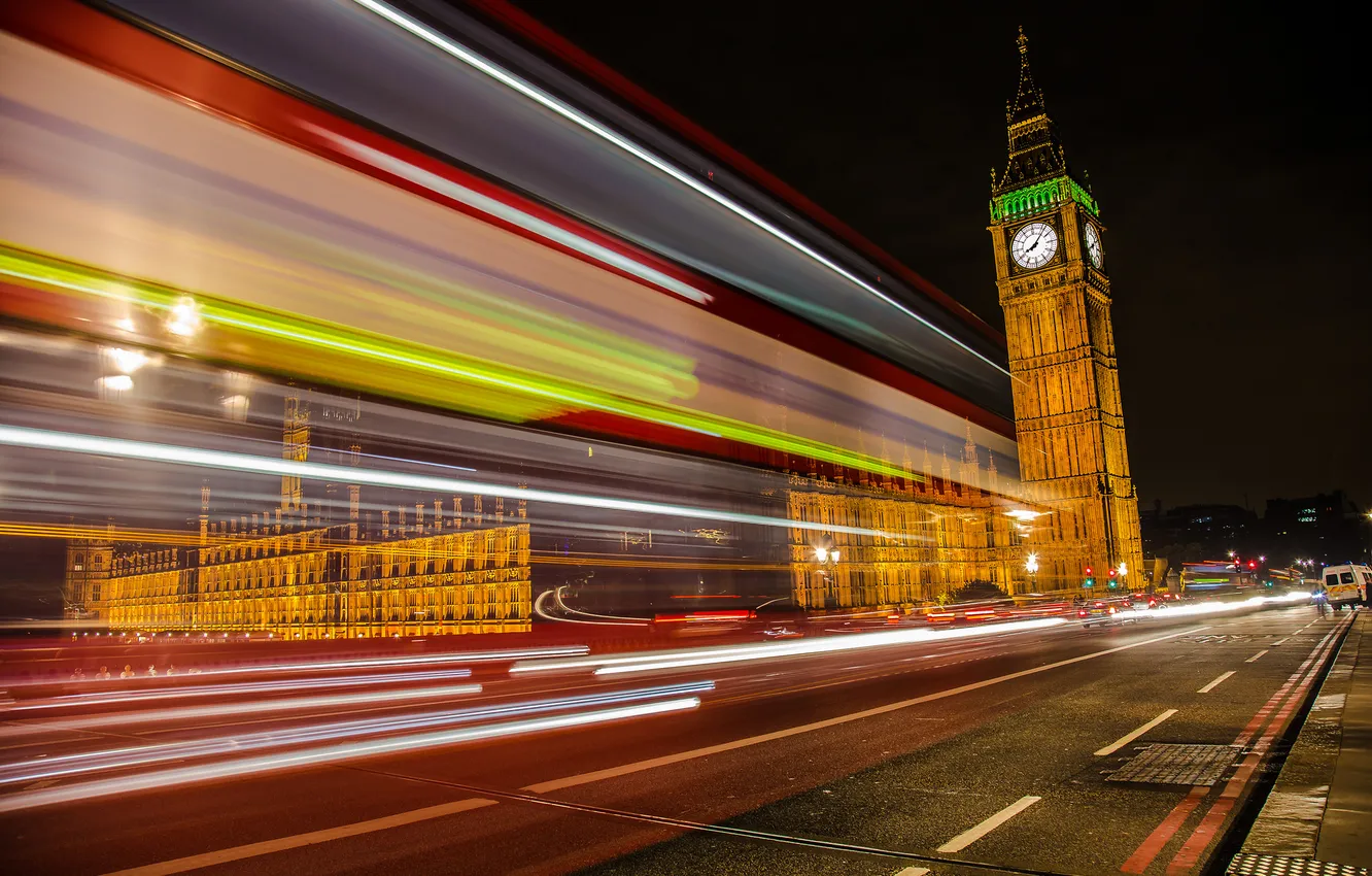 Photo wallpaper road, night, England, London, excerpt, lighting, UK, Big Ben