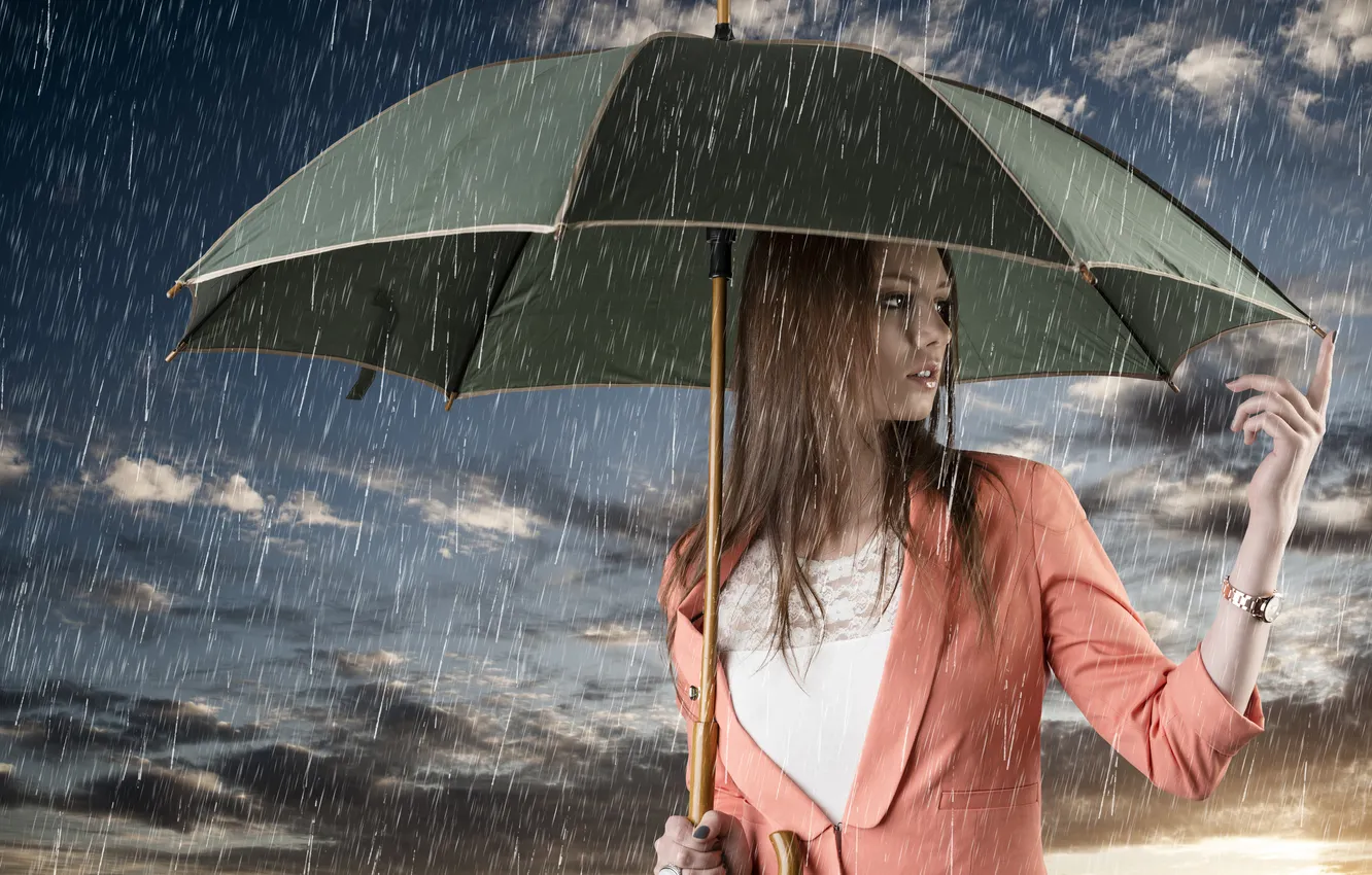 Photo wallpaper girl, clouds, rain, umbrella, brown hair