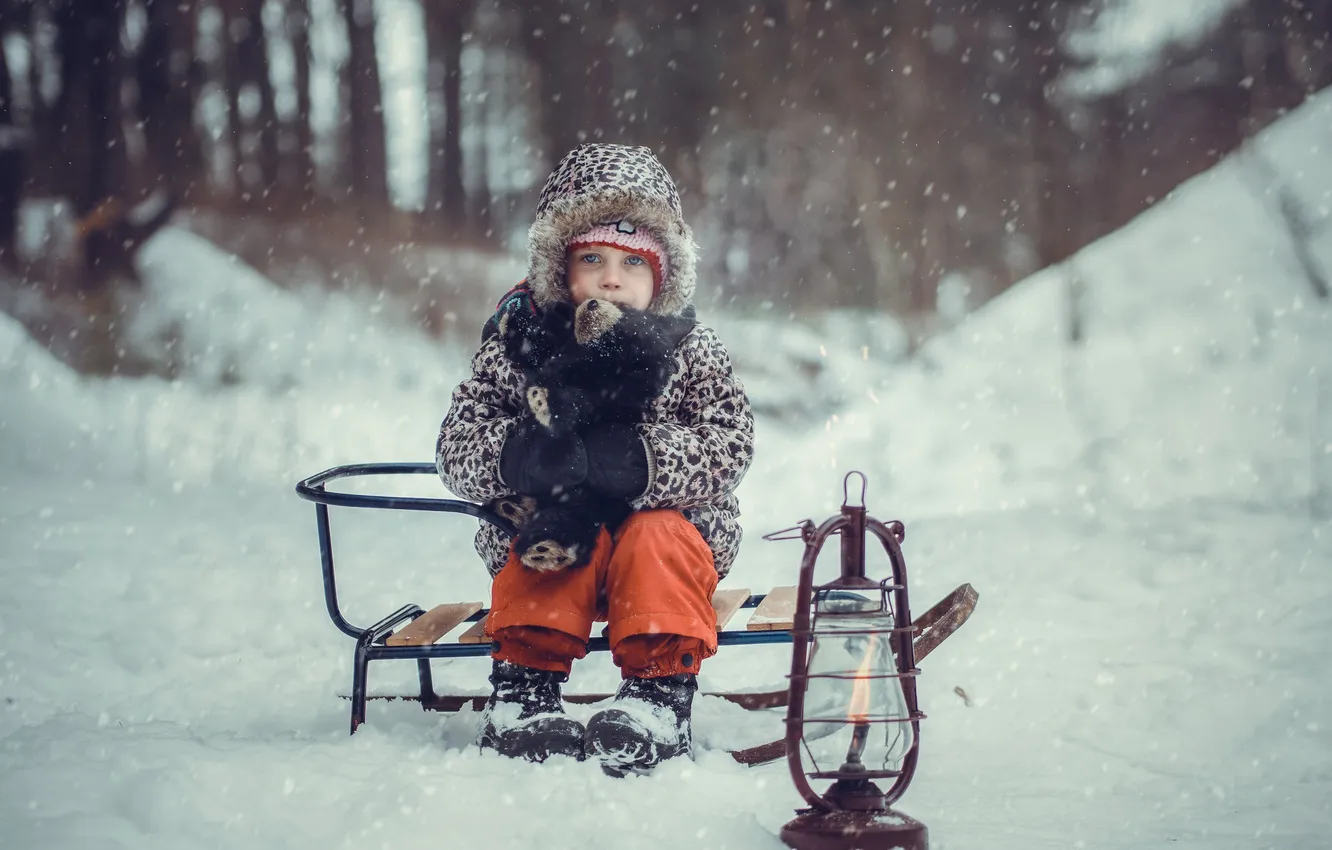 Photo wallpaper winter, boy, sled