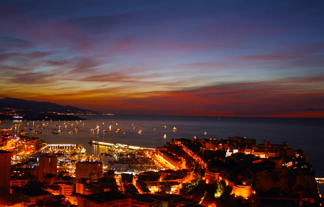 Photo wallpaper landscape, night, city, the city, home, port, Monaco, Monaco