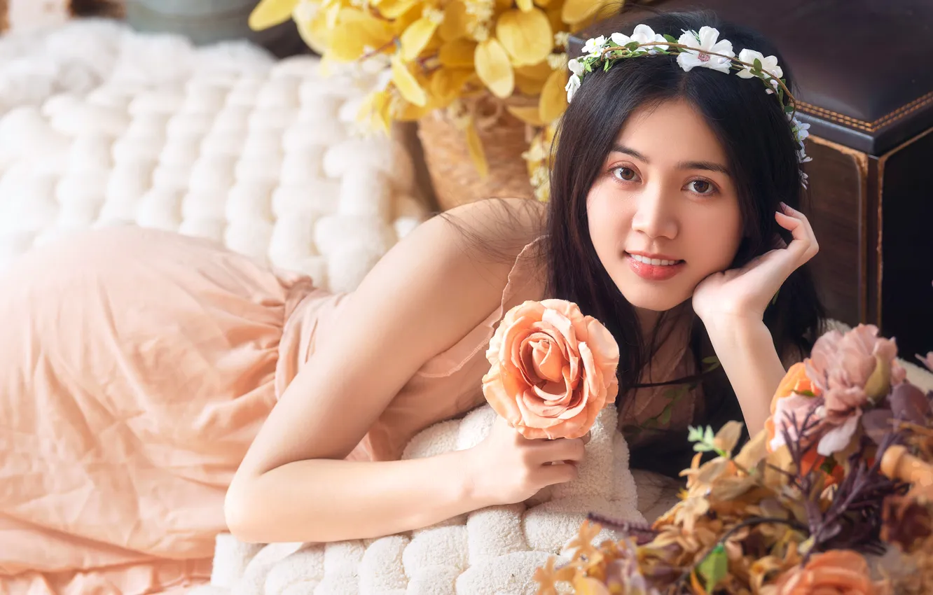 Photo wallpaper look, girl, flowers, face, pose, hands, brunette, Asian