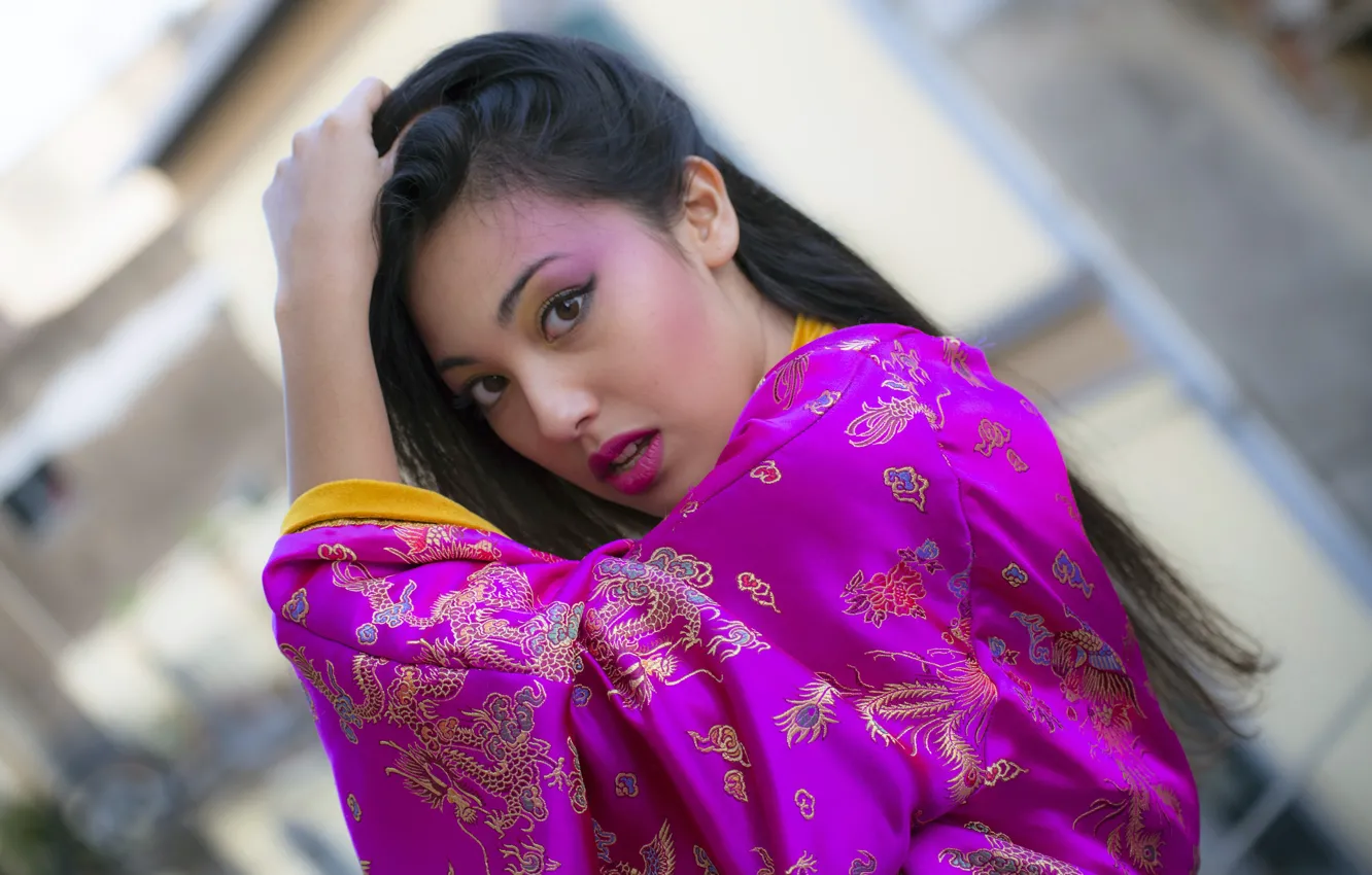 Photo wallpaper look, girl, kimono, Asian, bokeh