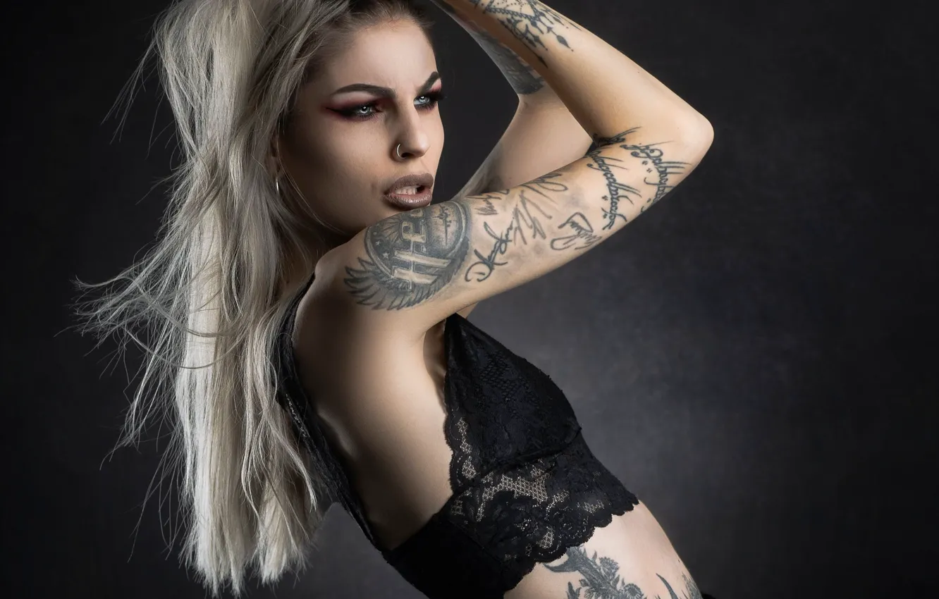 Photo wallpaper girl, pose, background, hands, makeup, tattoo, blonde, sconce