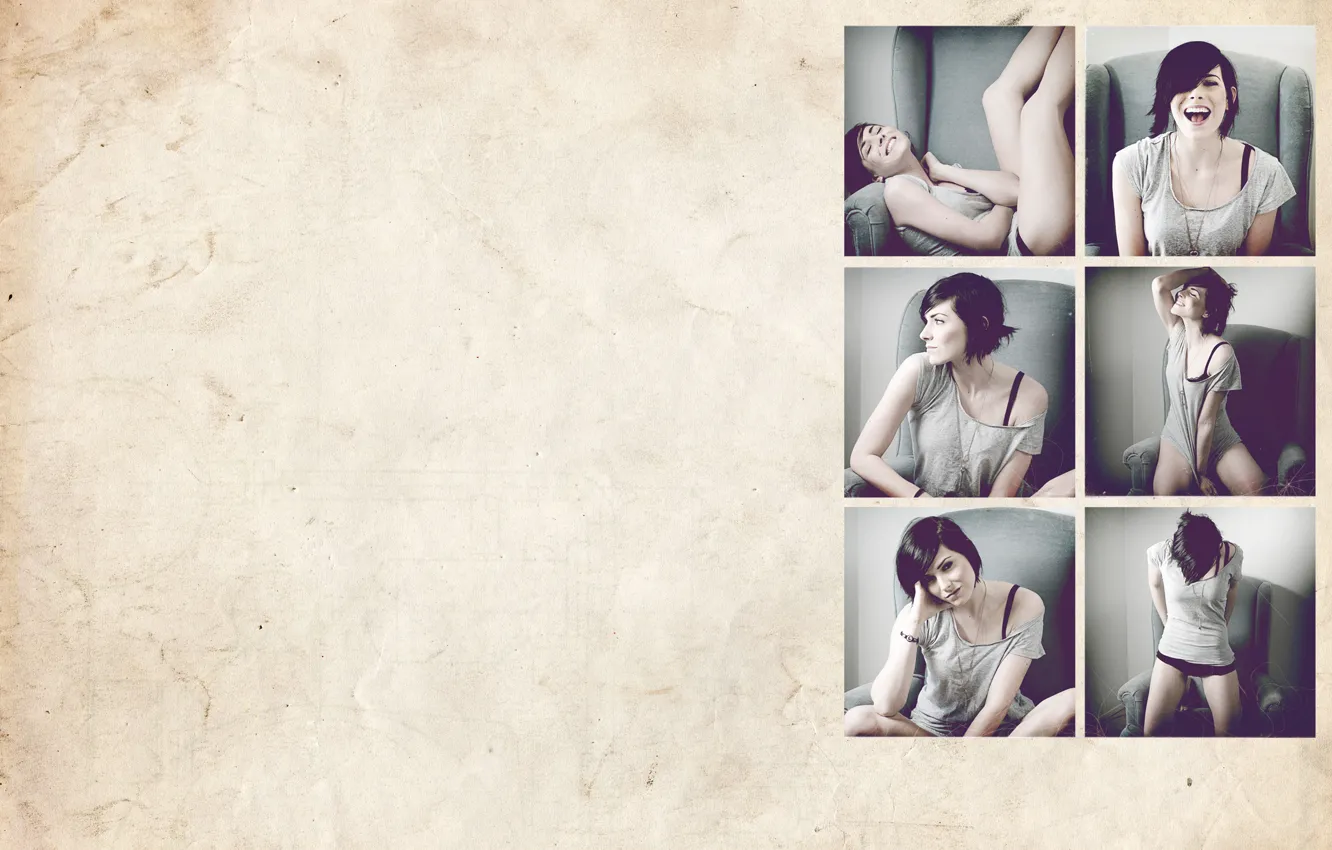 Photo wallpaper girl, pose, smile, collage, laughter, chair, brunette