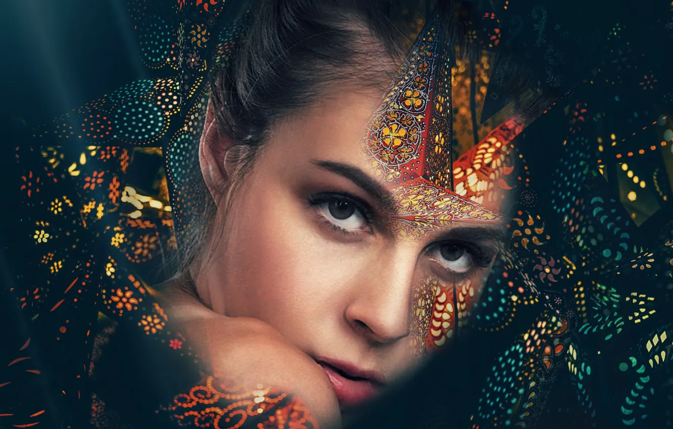 Photo wallpaper eyes, look, girl, light, face, glare, the dark background, rendering