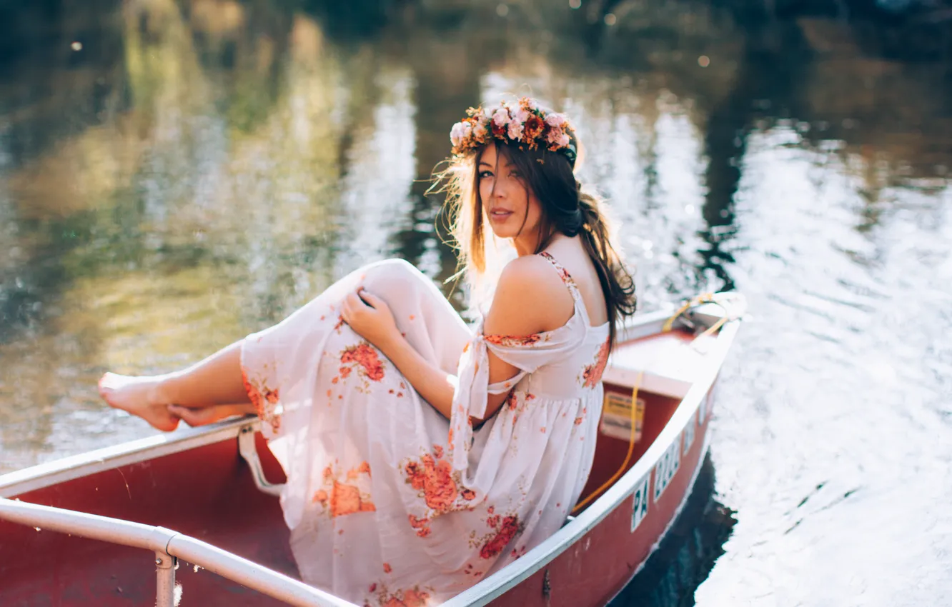 Photo wallpaper water, girl, boat, sundress