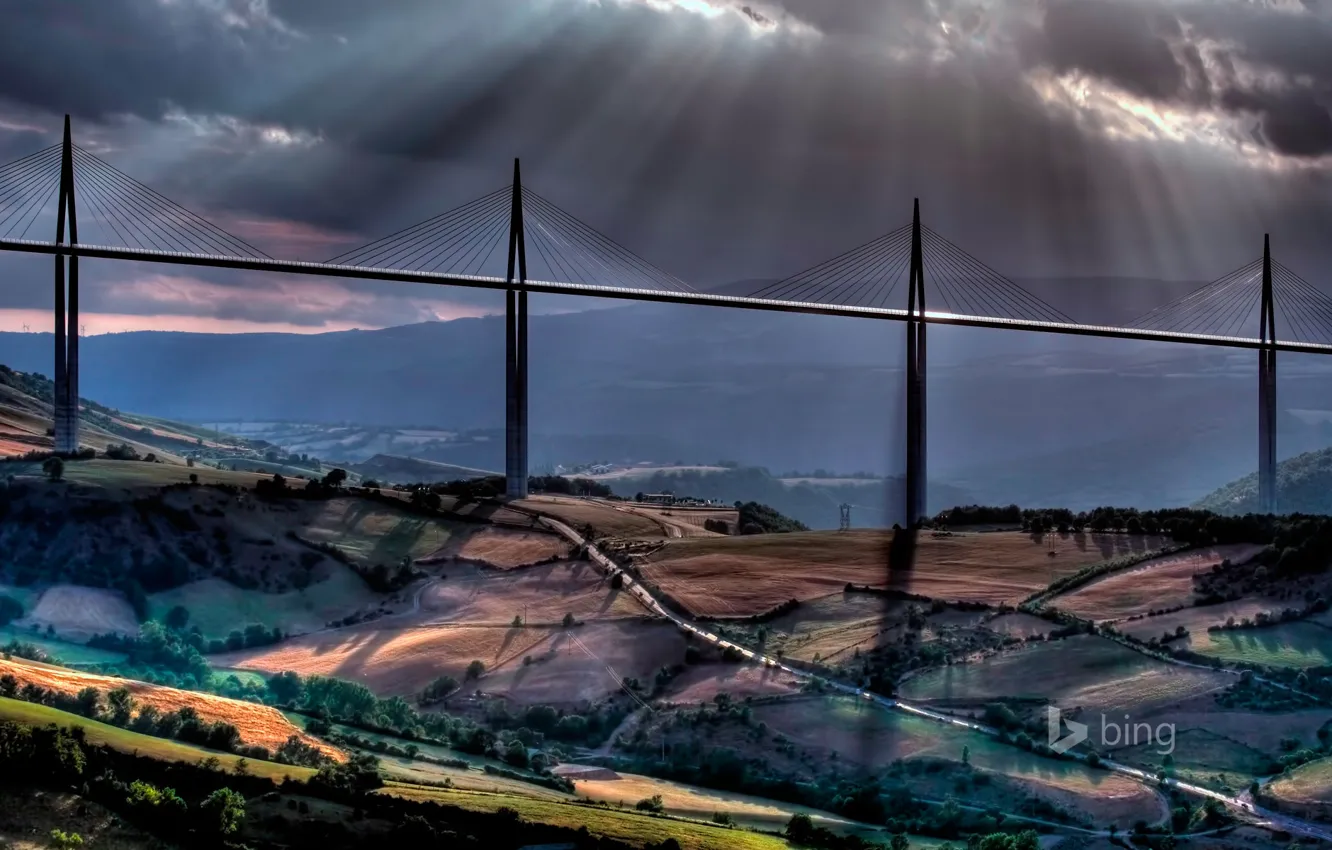 Photo wallpaper clouds, rays, mountains, France, field, viaduct, the valley of the river tarn, Millau