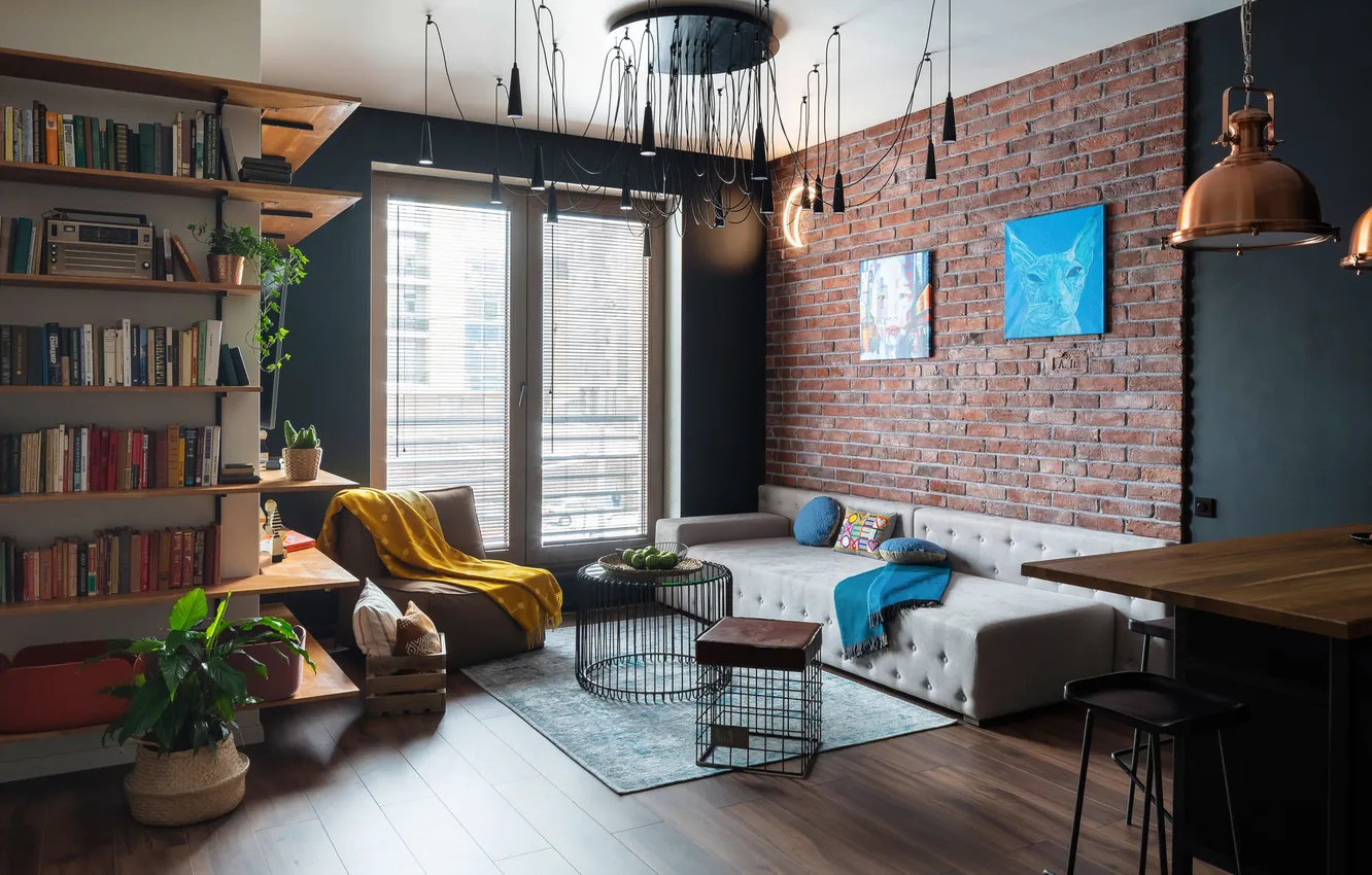 Photo wallpaper design, style, interior, library, sofa, living room, loft