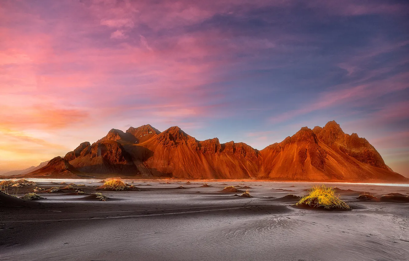 Photo wallpaper beach, the sky, clouds, light, mountains, rocks, shore, morning