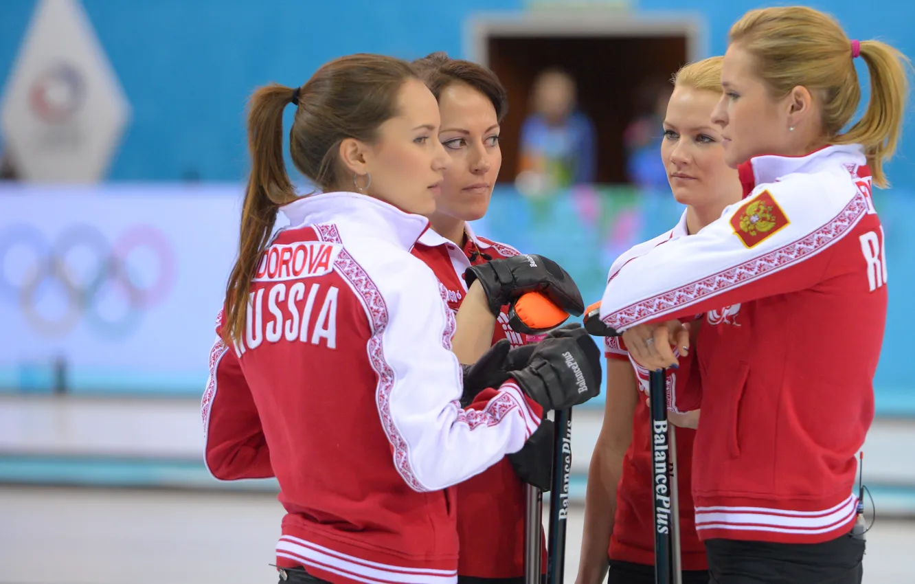 Photo wallpaper Russia, Curling, Sochi 2014, The XXII Winter Olympic Games, women's team, Ekaterina Galkina, Alexandra Saitova, …