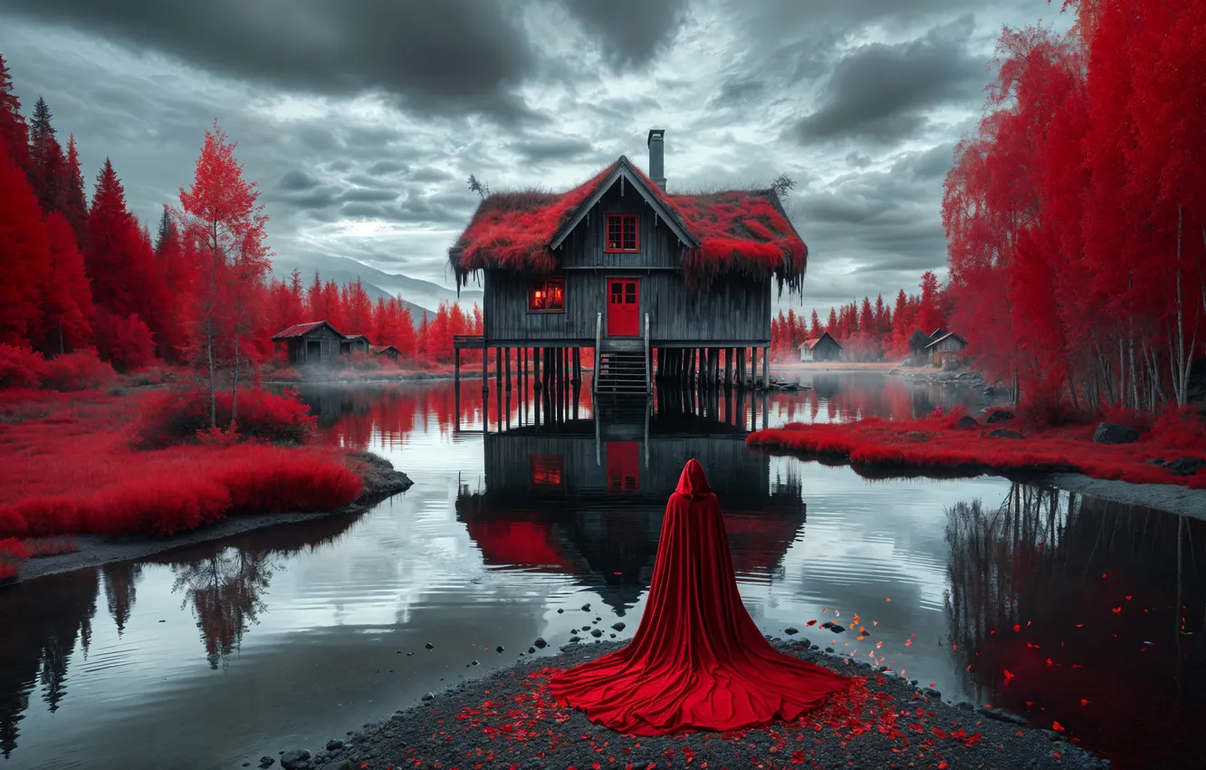 Photo wallpaper FOREST, The SKY, CLOUDS, LEAVES, RIVER, REFLECTION, RED, PEOPLE