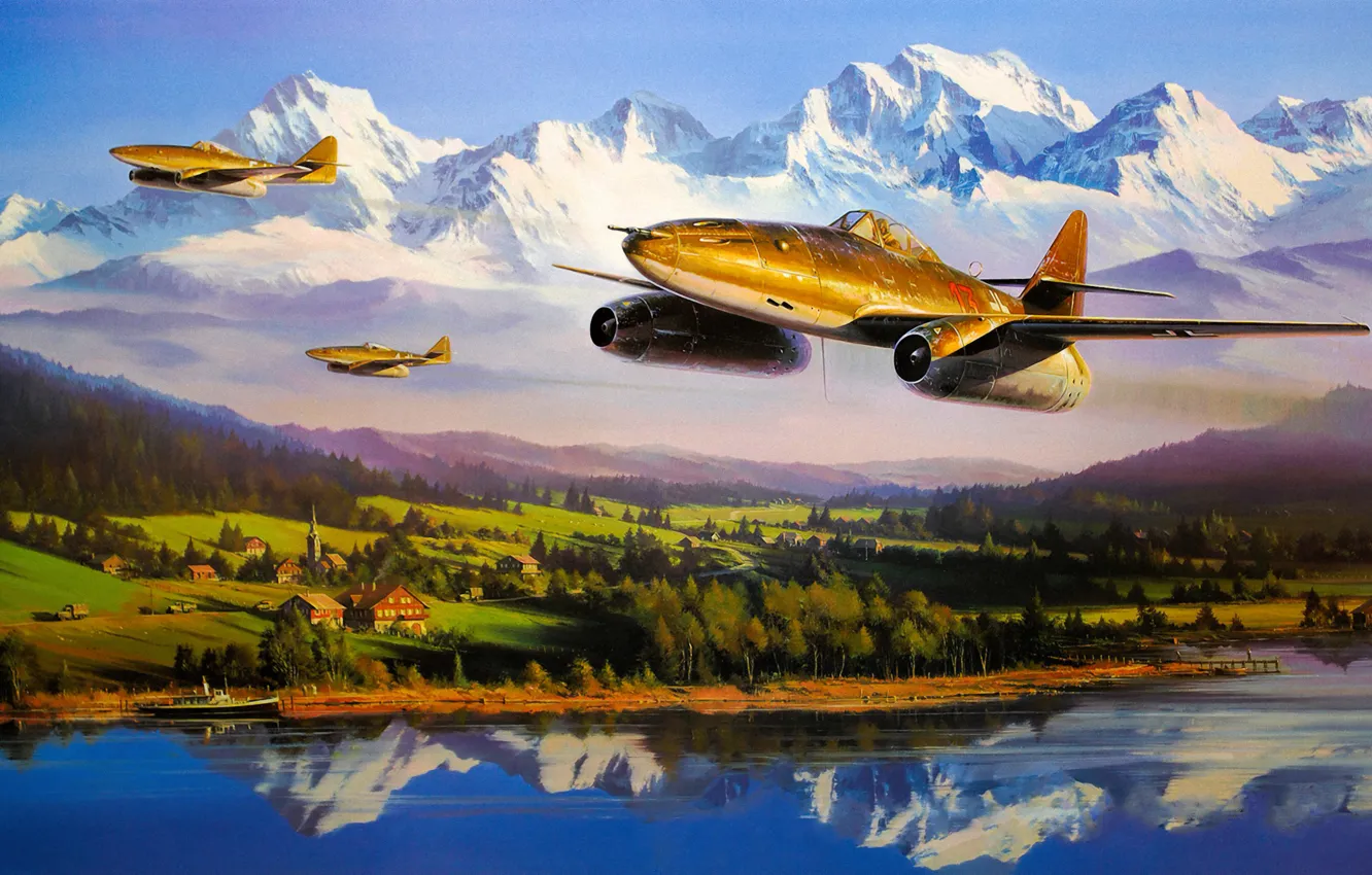 Photo wallpaper war, art, airplane, painting, jet, ww2, Messerschmitt Me 262