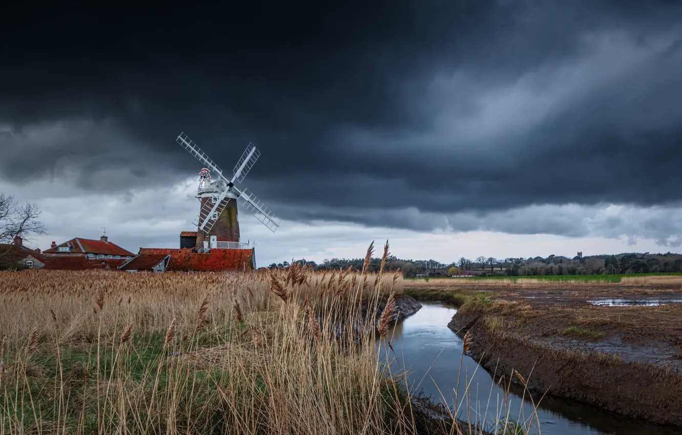 Photo wallpaper field, autumn, grass, clouds, shore, home, dal, village
