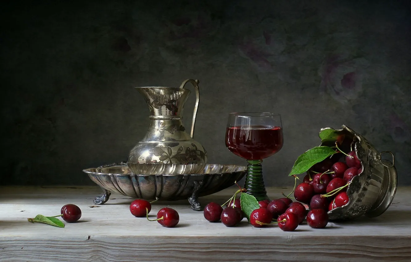Photo wallpaper cherry, drink, pitcher, still life, wood, infusion