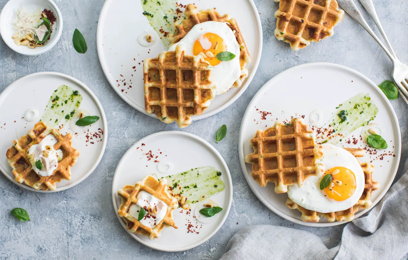 Photo wallpaper eggs, Breakfast, waffles