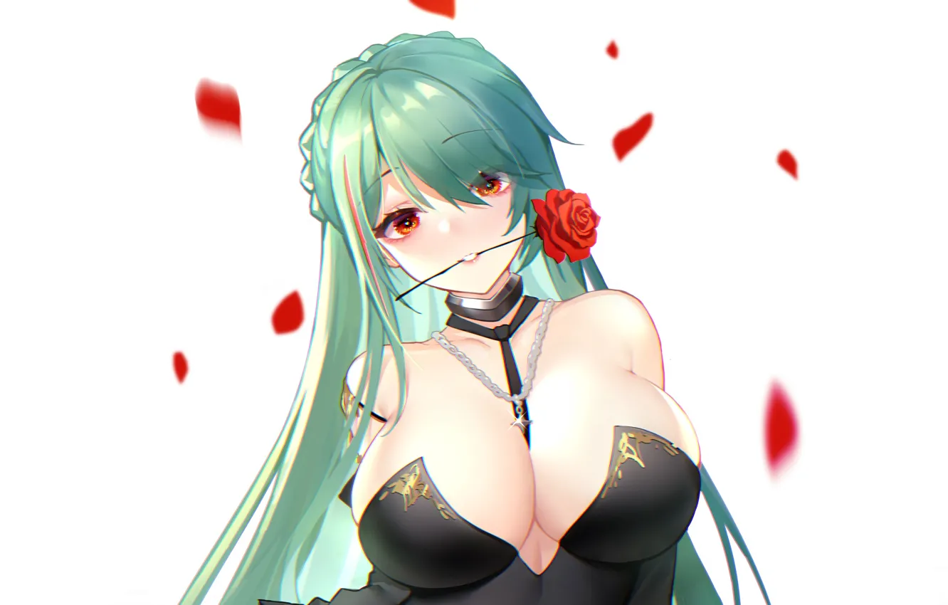 Photo wallpaper girl, rose, sexy, cleavage, flower, long hair, boobs, anime