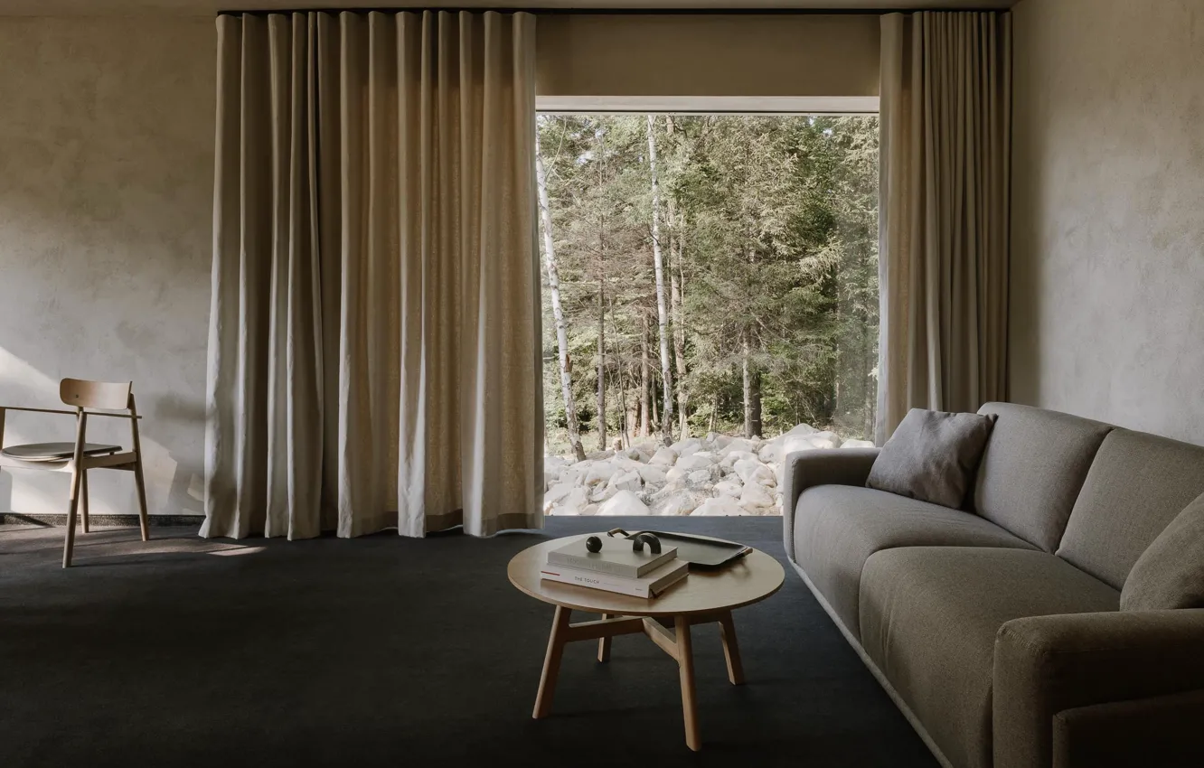 Photo wallpaper design, style, interior, sofa, living room, lodging house, Wilcza forest, by Studio de.materia