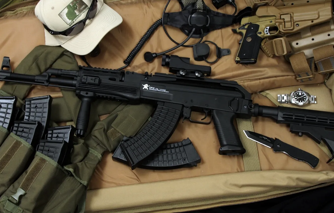 Photo wallpaper gun, black, watch, stores, Kalash, Kalashnikov, modernization, ammunition