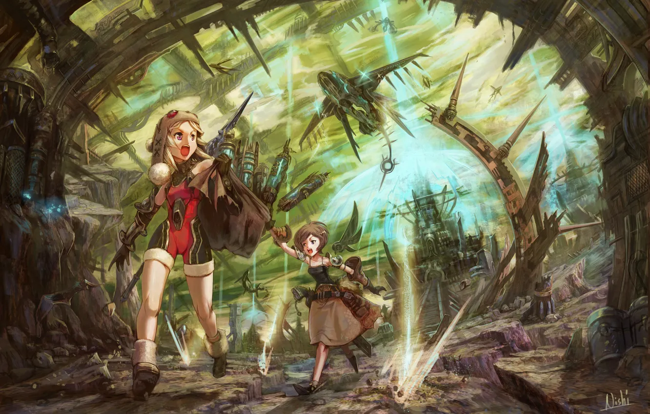 Photo wallpaper future, weapons, rocks, art, girl, the plane, bag, the fire