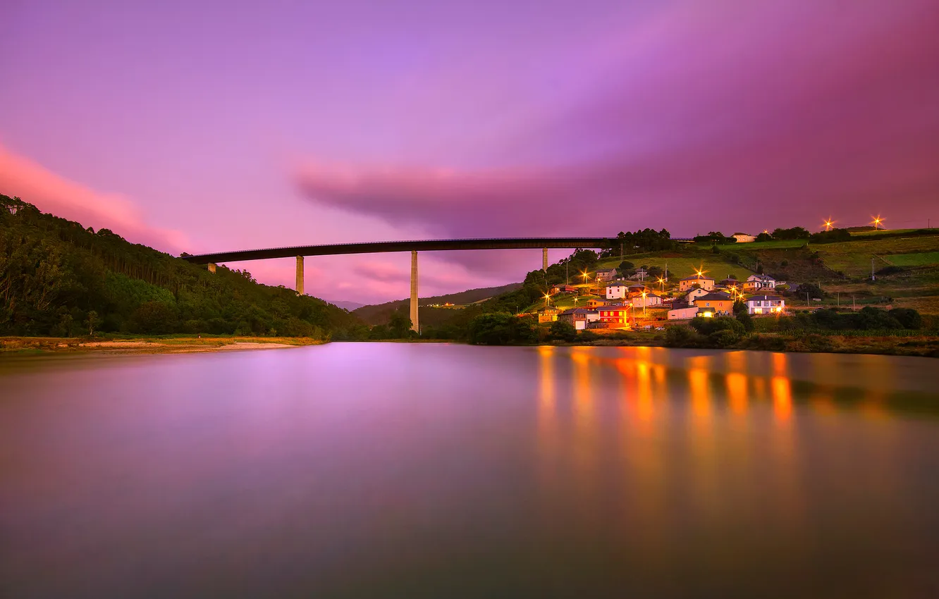 Photo wallpaper the sky, mountains, bridge, lights, lake, home, the evening, glow