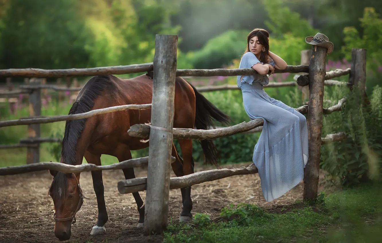 Photo wallpaper look, girl, nature, horse, dress, Anastasia Barmina