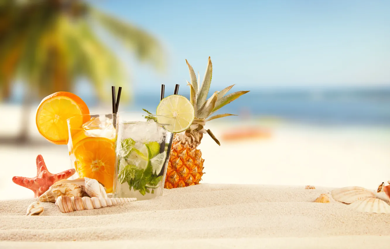 Photo wallpaper summer, beach, sand, fruit, drinks, tropical, cocktails