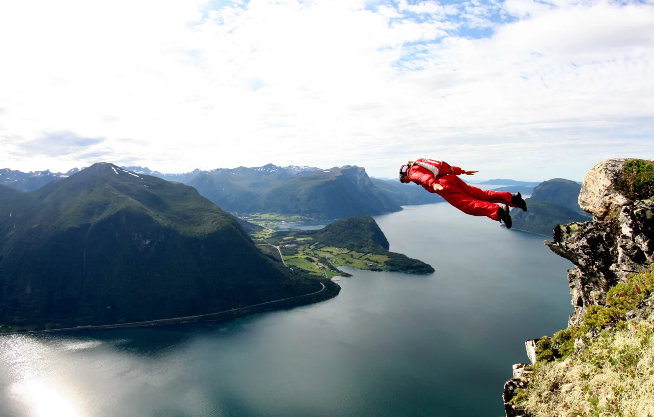 Photo wallpaper flight, parachute, container, rock, tracking, jumping, the fjord, extreme sports