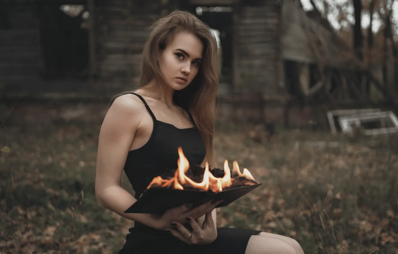 Photo wallpaper fire, grass, dress, trees, model, women, ruins, brunette