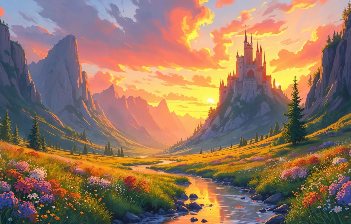 Photo wallpaper the sun, clouds, trees, flowers, mountains, castle, dawn, river