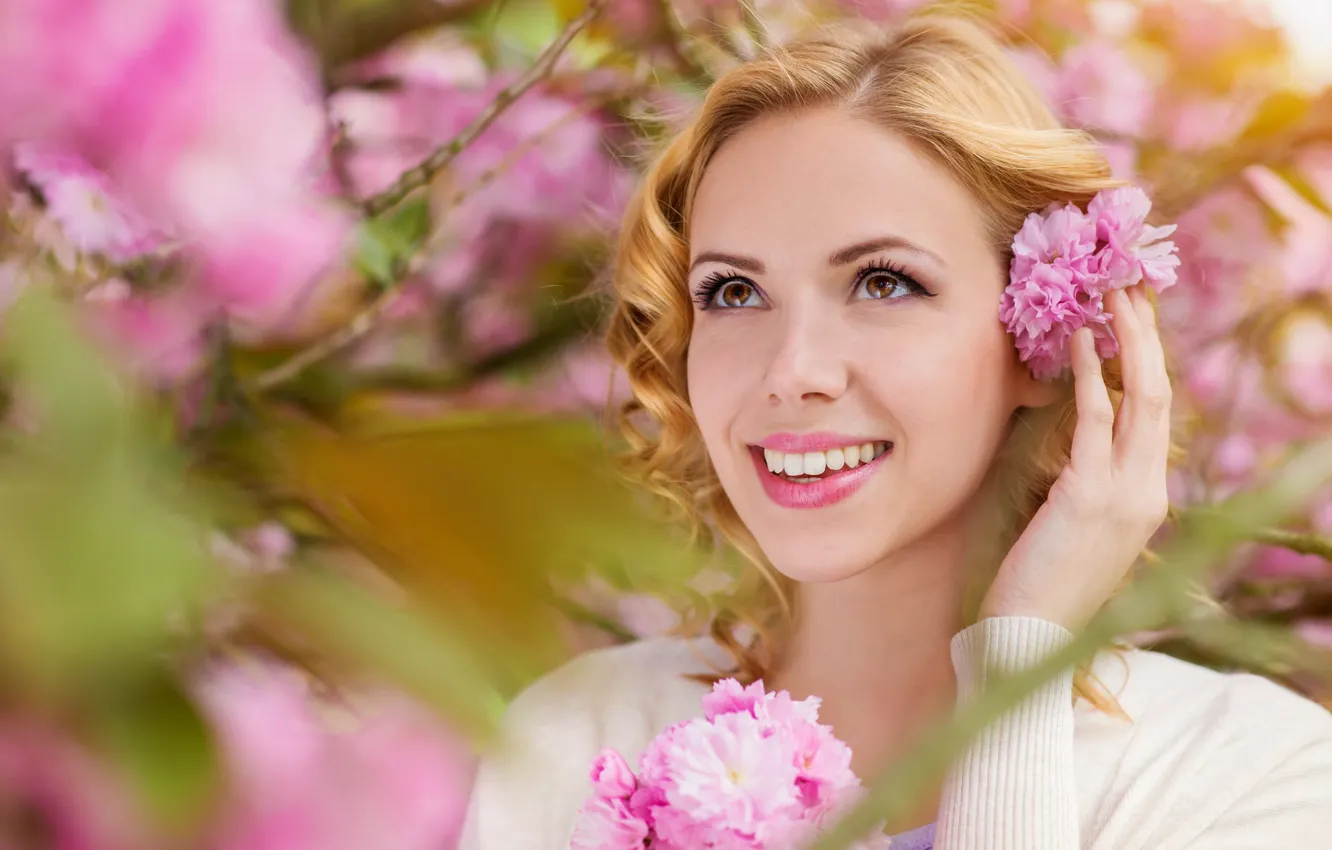 Photo wallpaper look, girl, joy, flowers, branches, nature, smile, spring