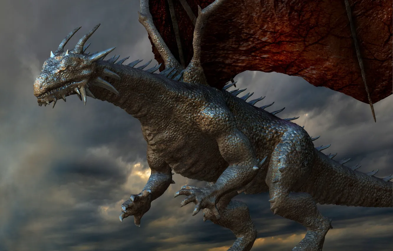 Photo wallpaper the sky, clouds, wings, Dragon, fantasy, spikes, claws, horns