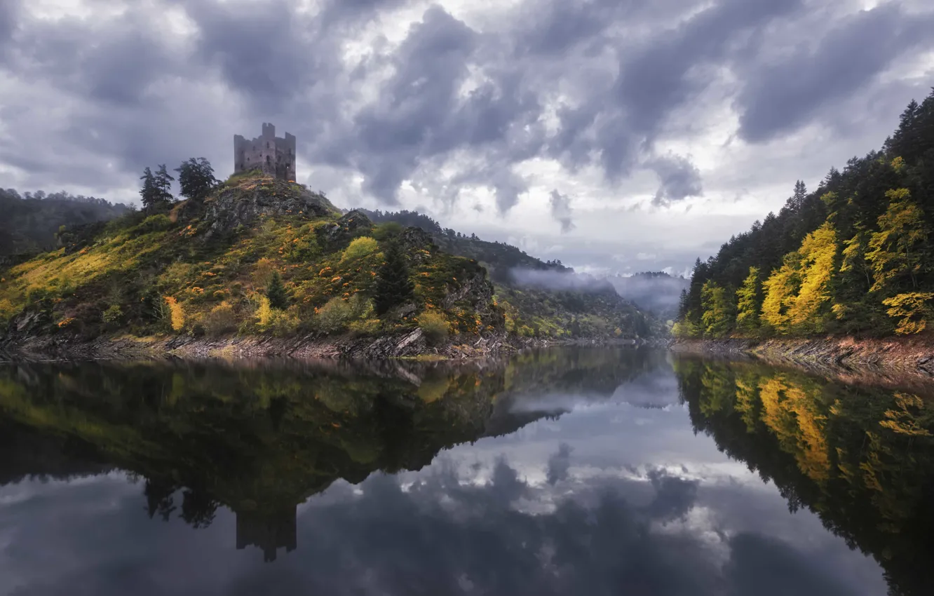Photo wallpaper clouds, trees, fog, lake, reflection, castle, France, mirror