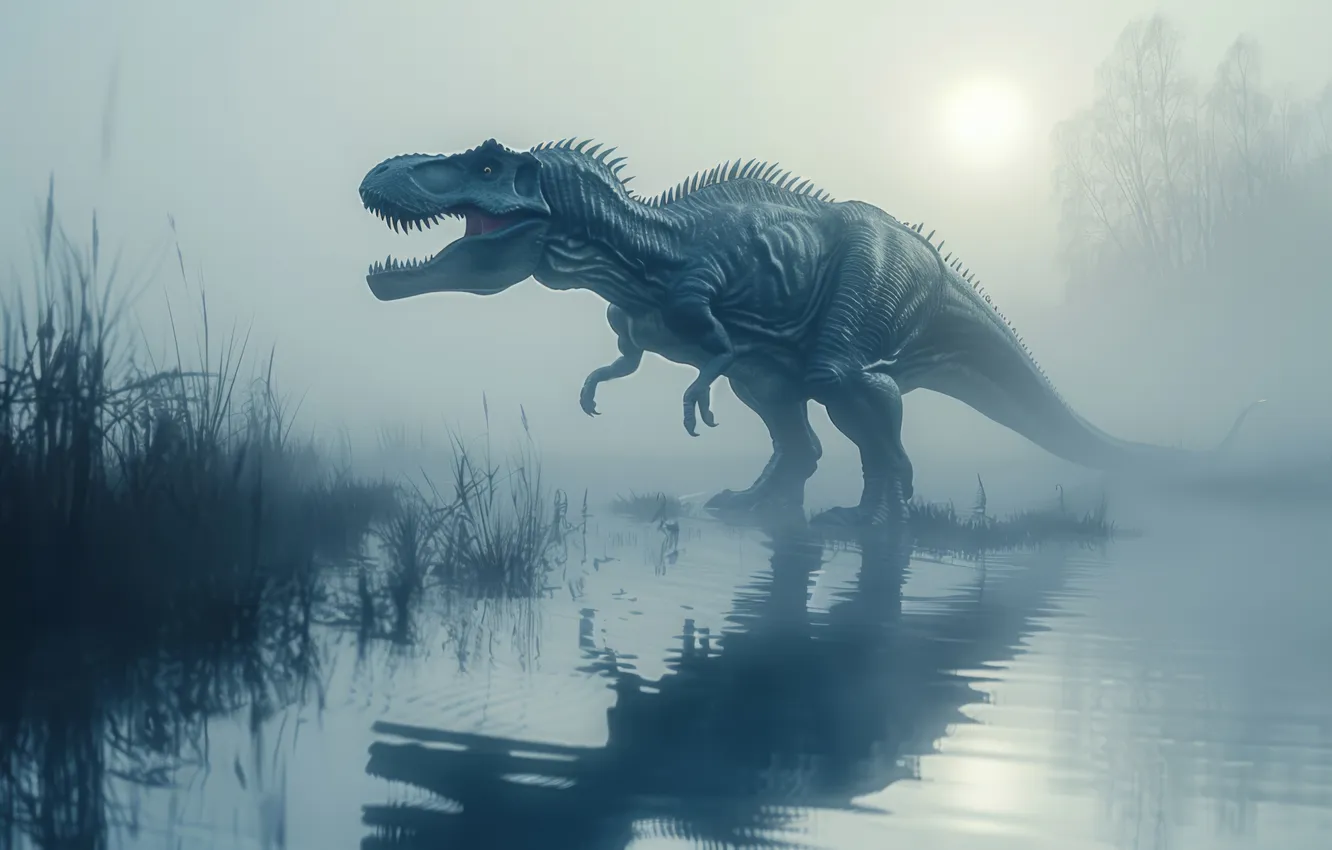 Photo wallpaper trees, fog, lake, reflection, animal, dawn, dinosaur, predator