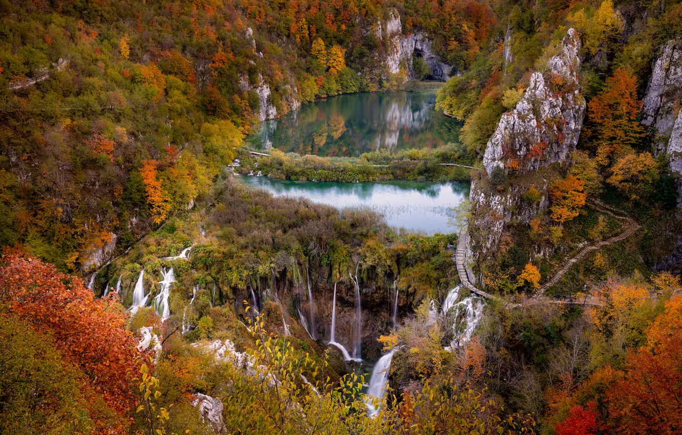 Photo wallpaper autumn, forest, lake, waterfall