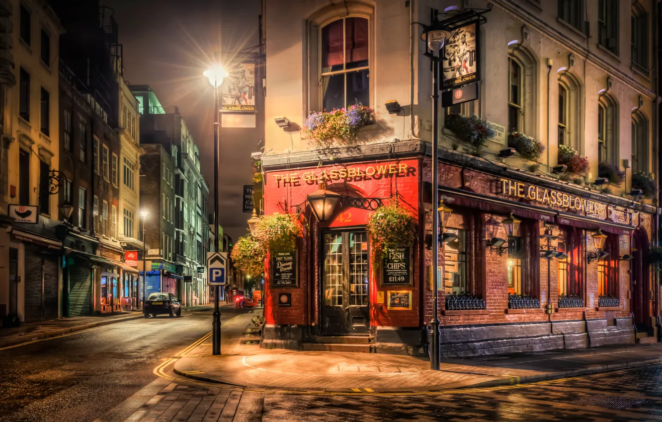 Photo wallpaper night, street, England, London, lights, cafe, England, City By Night