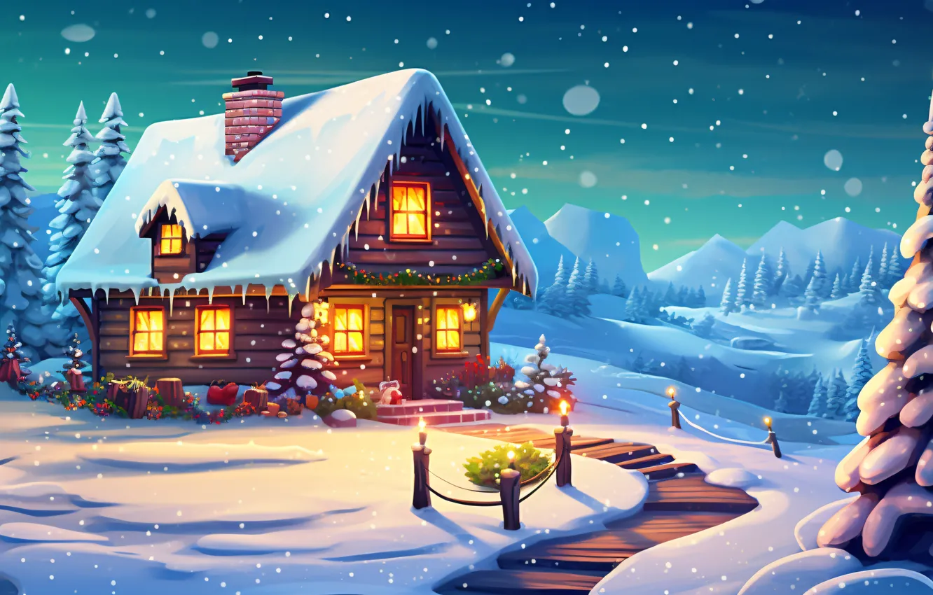 Photo wallpaper winter, snow, holiday, graphics, tree, new year, home, Christmas