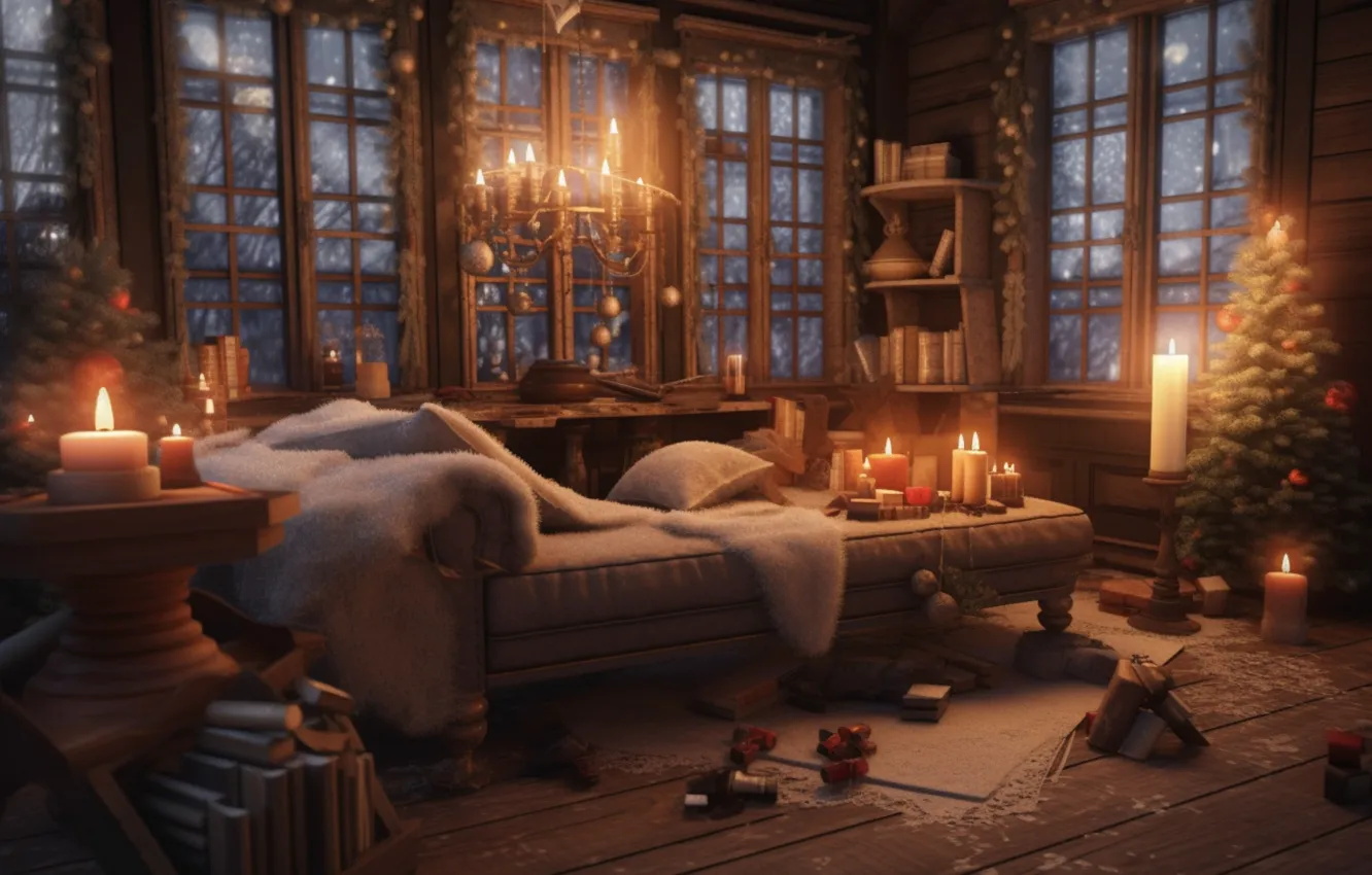 Photo wallpaper comfort, heat, room, furniture, new year, interior, pillow, candles