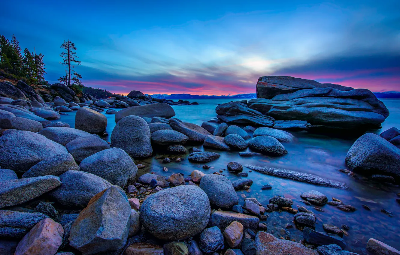 Photo wallpaper landscape, sunset, nature, lake, stones, shore, CA, USA