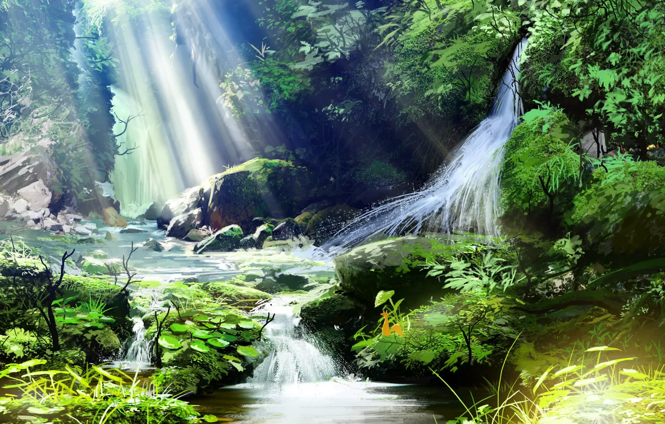 Photo wallpaper forest, nature, waterfall, Solnechnye rays