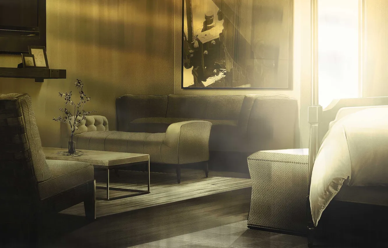 Photo wallpaper the sun, flowers, table, room, sofa, bed, chair, art