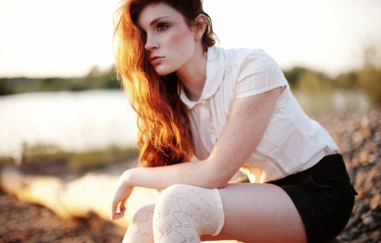 Photo wallpaper GIRL, LOOK, SHIRT, REDHEAD, SITTING, DANIELLE