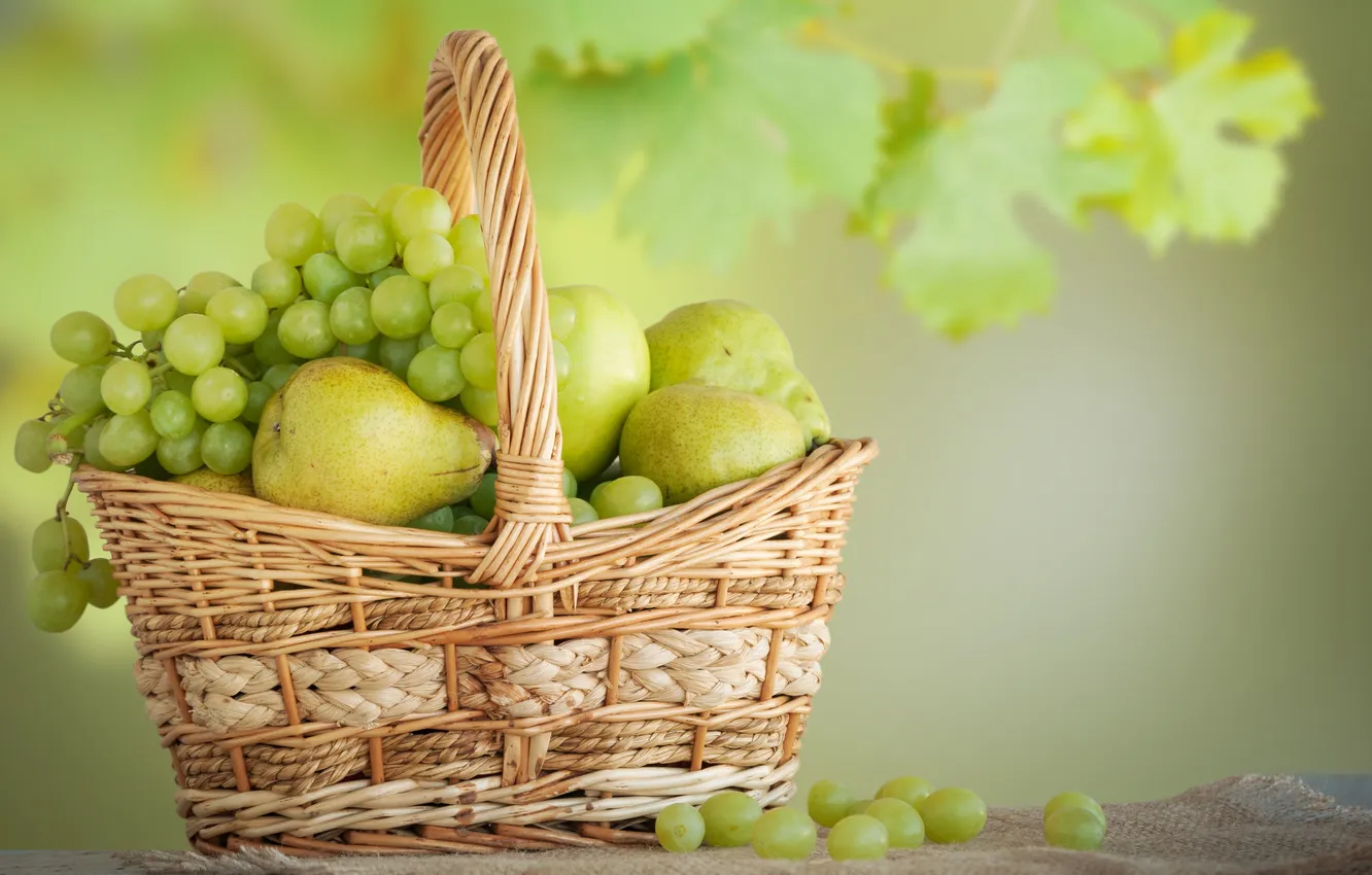 Photo wallpaper white, leaves, berries, basket, grapes, fruit, pear
